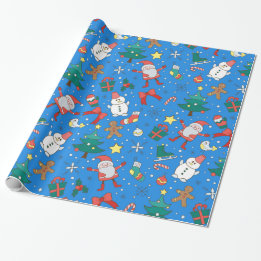 Cute Blue Santa and Friends Wrapping Paper