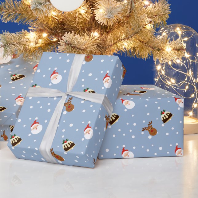 Cute Blue Santa Christmas Pudding Gift   Wrapping Paper (Holidays)