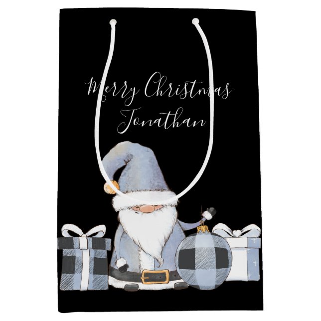 Cute Blue Santa Gnome with Gifts Medium Gift Bag (Front)