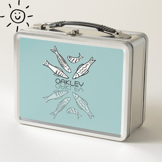 Cute Blue Sardines Reflection Doodle Custom Name Metal Lunch Box (Creator Uploaded)