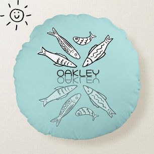 Cute Blue Sardines Reflection Doodle Custom Name Round Cushion