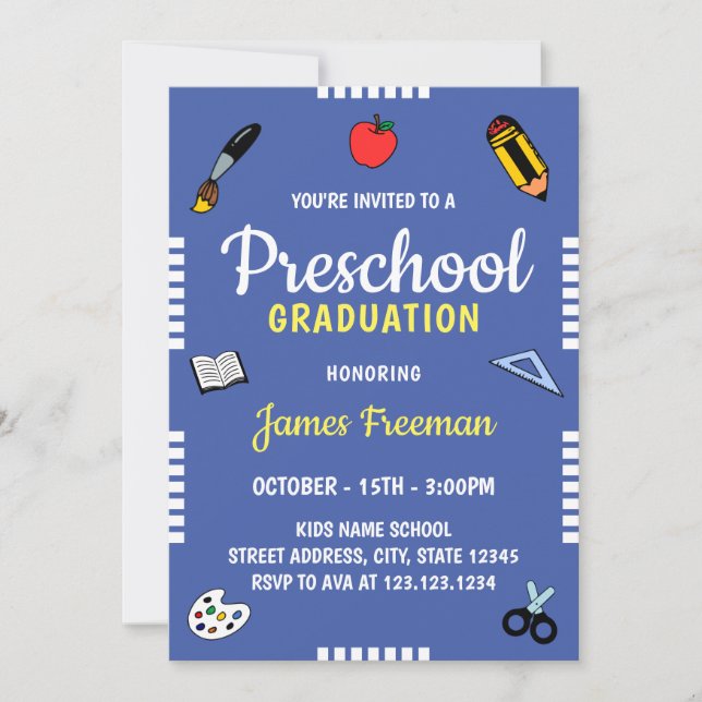 Cute Blue School Supplies Kindergarten Graduation Invitation (Front)