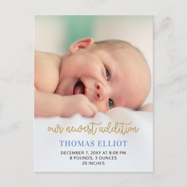 Cute Blue Script Photo Baby Announcement Postcard (Front)
