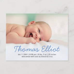 Cute Blue Script Photo Baby Announcement Postcard