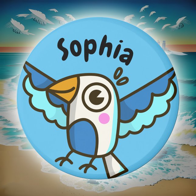 Cute Blue Seagull Sea Bird Kids Name School Locker Magnet (Cute seagull doodle kids' name sticker in ocean blue)