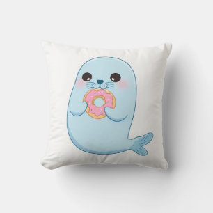 Cute Blue Seal with Doughnut Pillow – Kawaii Ocean