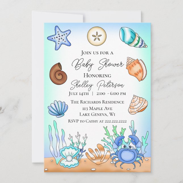 Cute Blue Seaside Beachy Baby Shower Invitation (Front)