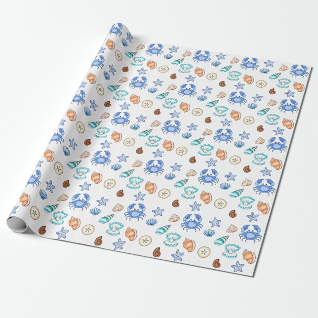 Cute Blue Seaside Beachy Baby Shower Wrapping Paper (Unrolled)