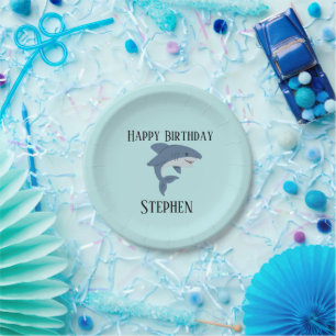 Cute blue shark personalised paper plate
