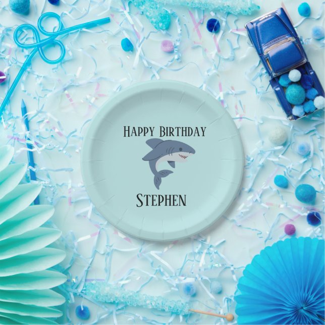 Cute blue shark personalised paper plate (Party)