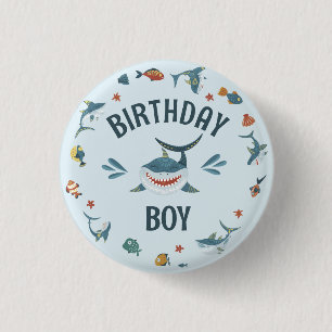Cute Blue Shark Themed Birthday Boy Button