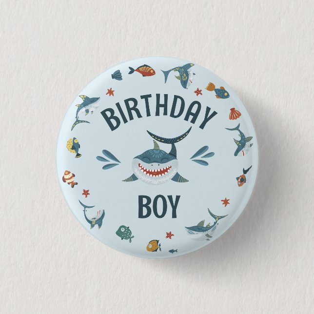 Cute Blue Shark Themed Birthday Boy Button (Front)