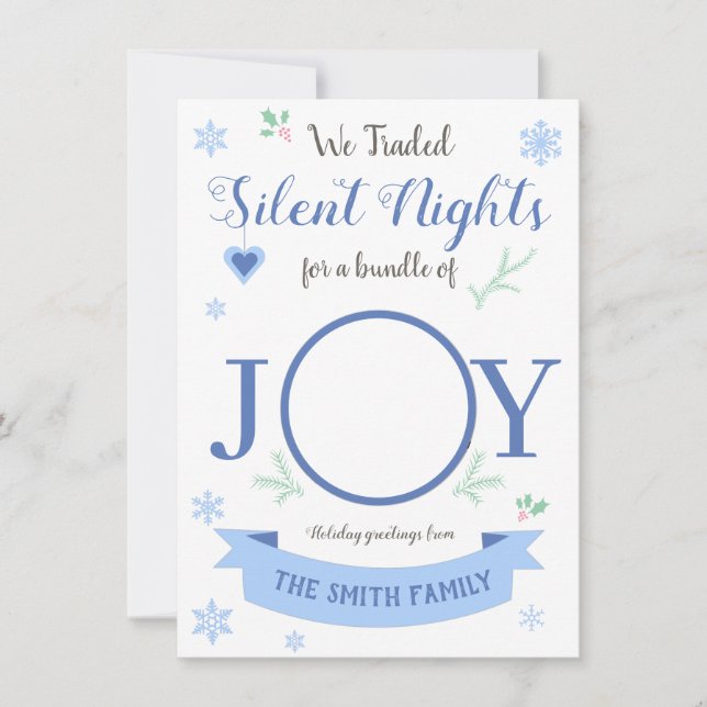 Cute blue Silent nights bundle of joy Holiday Card (Front)