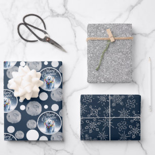 Cute Blue & Silver Christmas Polar Bear Wrapping Paper Sheet