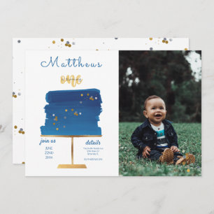 Cute Blue, Silver & Gold   Photo First Birthday Invitation