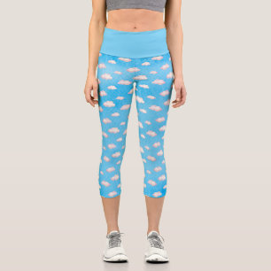 Cute Blue Sky Watercolor Cloud Pattern Capri Leggings