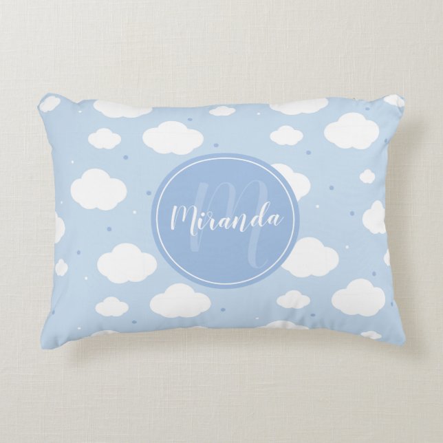 Cute Blue Sky with Custom Monogram and Name Decorative Cushion (Front)