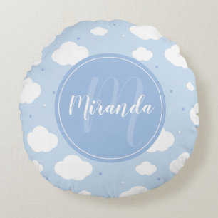 Cute Blue Sky with Custom Monogram and Name Round Cushion