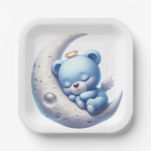 CUTE BLUE SLEEPING BEAR ON MOON PAPER PLATE