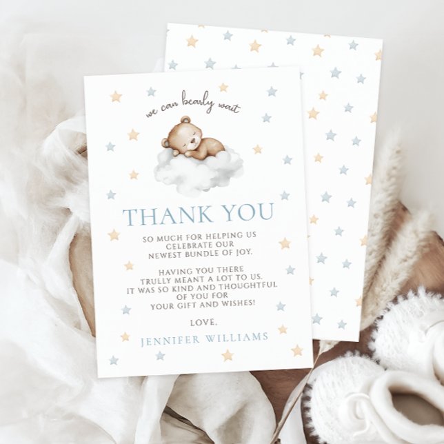  Cute Blue Sleepy Teddy Bear Baby Boy Shower Thank You Card (Creator Uploaded)