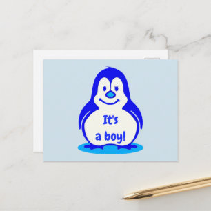 Cute Blue Smiling Penguin It's A Boy Gender Reveal Announcement Postcard
