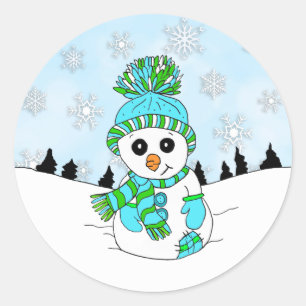 Cute Blue Snowman and Snowflakes Christmas Holiday Classic Round Sticker