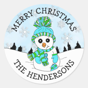 Cute Blue Snowman and Snowflakes Christmas Holiday Classic Round Sticker