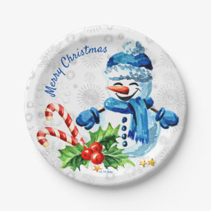 Cute Blue Snowman 'Merry Christmas' Paper Plate