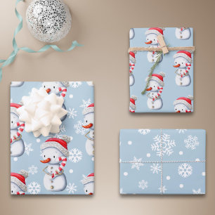 Cute Blue Snowman Snowflakes Christmas Wrapping Paper Sheet