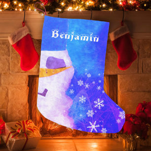 Cute Blue Snowman with Snowflakes Kids Small Christmas Stocking