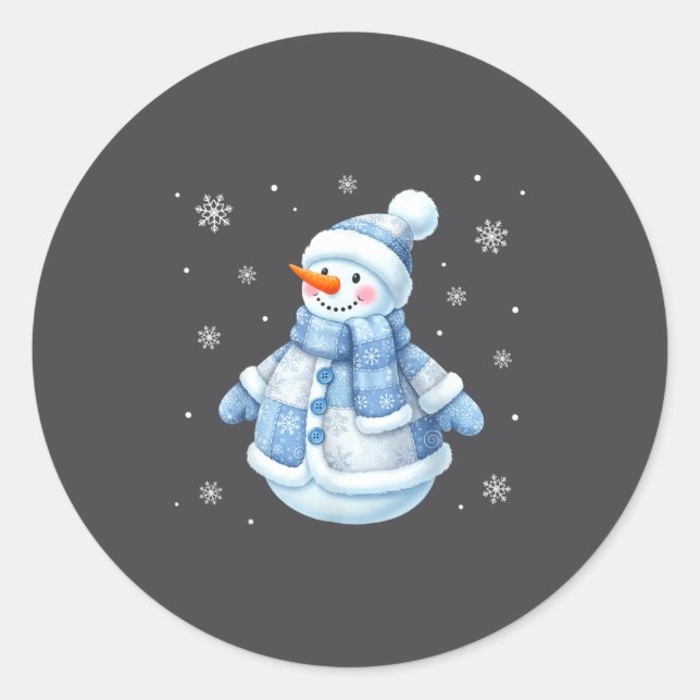 Cute Blue Snowman With Snowflakes Winter Christmas Classic Round Sticker (Front)