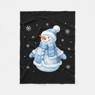 Cute Blue Snowman With Snowflakes Winter Christmas Fleece Blanket