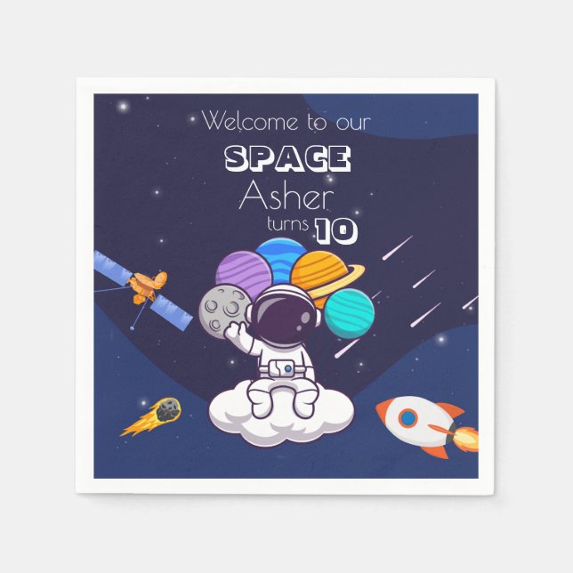 Cute Blue Space Astronaut Personalise Birthday Boy Napkin (Front)