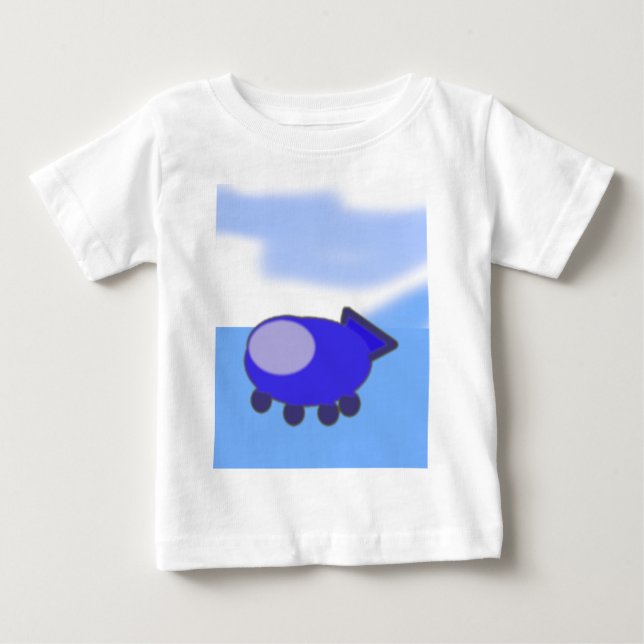 Cute Blue Spaceship on French Blue Clouds Baby T-Shirt (Front)