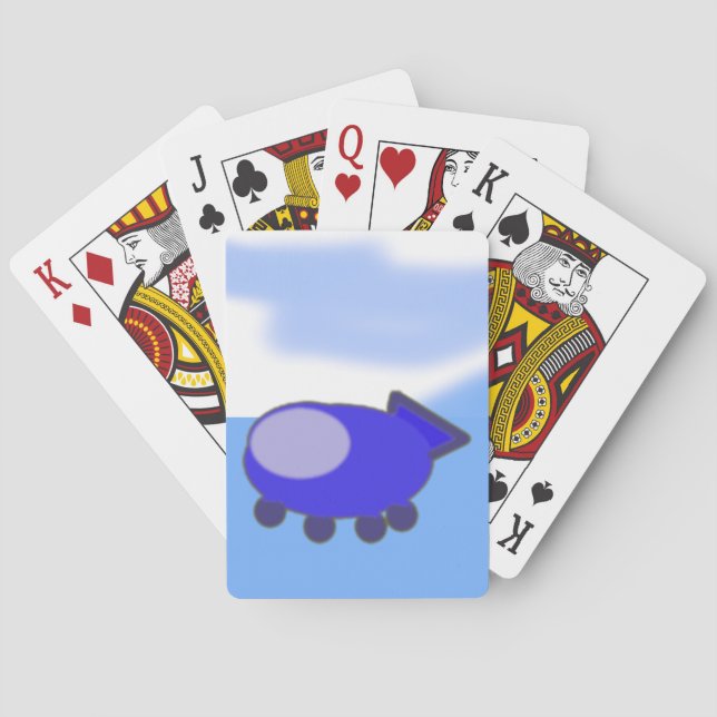 Cute Blue Spaceship on French Blue Clouds Playing Cards (Back)