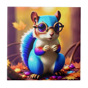 Cute Blue Squirrel with Glasses Ceramic Tile