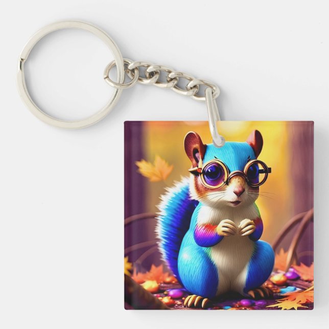 Cute Blue Squirrel with Glasses  Key Ring (Front)