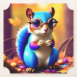 Cute Blue Squirrel with Glasses Paper Coaster