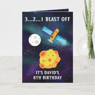 Cute Blue Starry Space Satellite 8th Birthday Card
