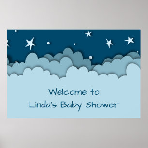 Cute Blue Stars and Clouds Baby Shower Welcome Poster