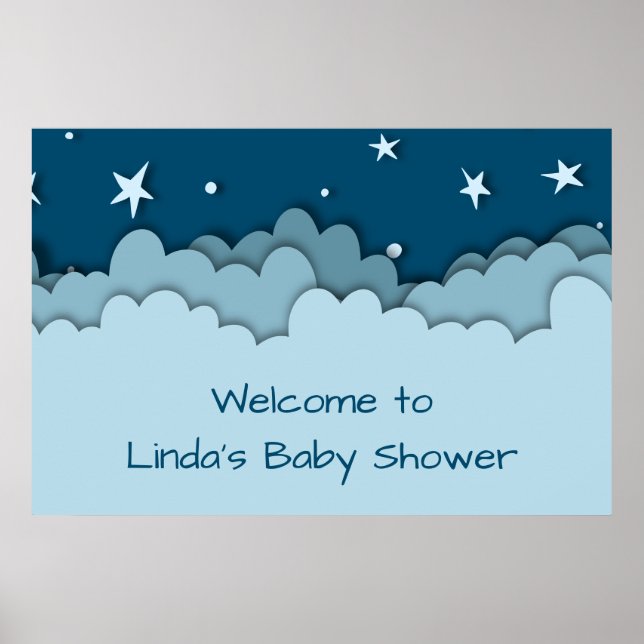 Cute Blue Stars and Clouds Baby Shower Welcome Poster (Front)