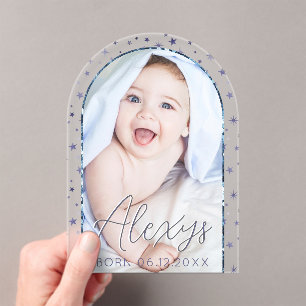  Cute Blue Stars Photo Baby Boy Birth Announcement