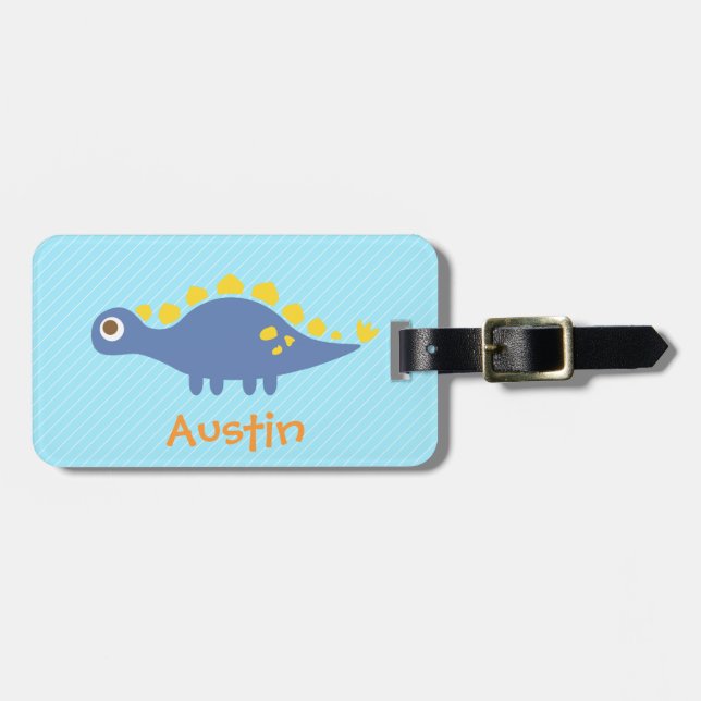Cute Blue Stegosaurus Dinosaur Kids Personalised Luggage Tag (Front Horizontal)
