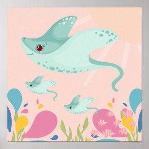 Cute blue stingray in pink ocean scene, poster