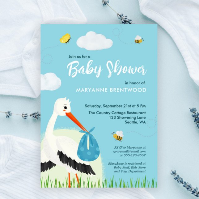 Cute Blue Stork Baby Shower  Invitation (Sky blue baby shower or baby sprinkle custom invitation template with stork, bees and butterflies)