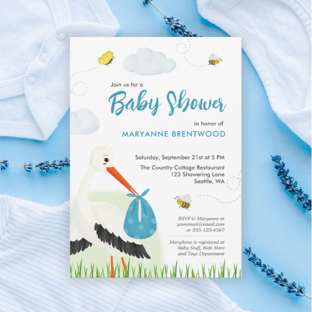 Cute Blue Stork Baby Shower  Invitation (Blue stork baby shower or baby sprinkle boy theme invitation template personalized )