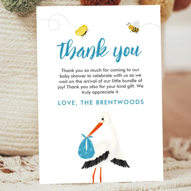 Cute Blue Stork Baby Shower Thank You Card (Blue Thank you card template for baby shower or baby sprinkle with stork, bees and butterflies)