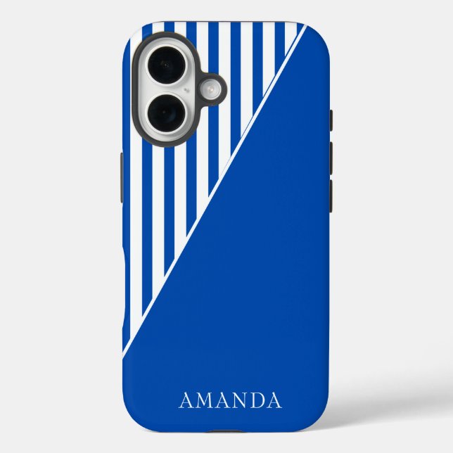 Cute Blue Striped Personalized Name Case-Mate iPhone Case (Back)