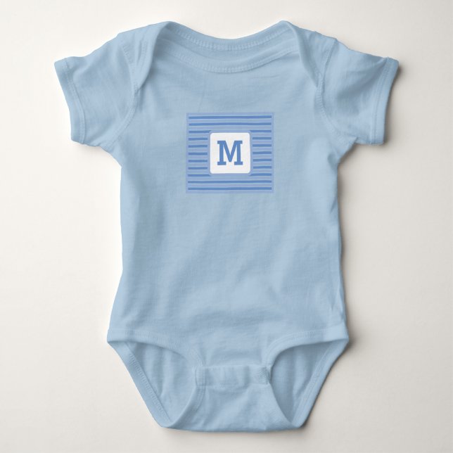 Cute Blue Stripes Custom Single Initial White Baby Bodysuit (Front)