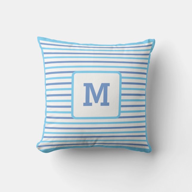 Cute Blue Stripes Custom Single Initial White Thro Cushion (Front)